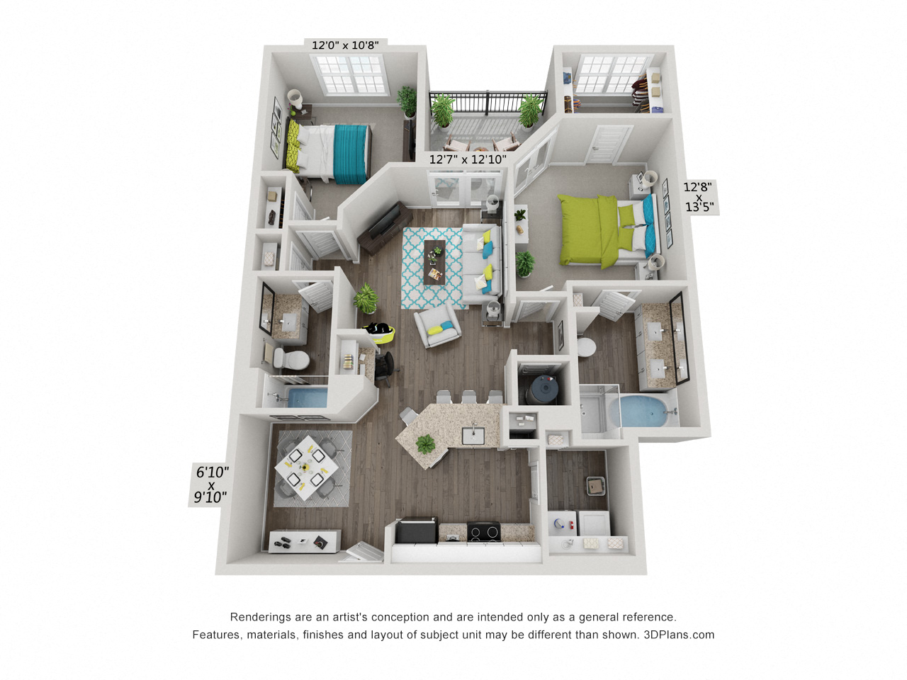 Floor plan for 2 beds, 2 baths, 1153 sqft